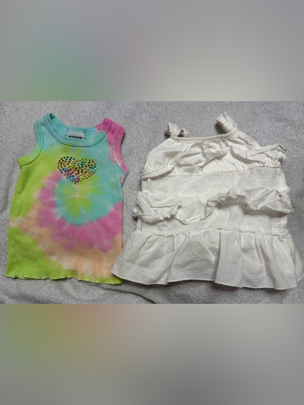 Tie-Dye Rhinestone Heart Tank & White Ruffle Tank Top- Colorful + White